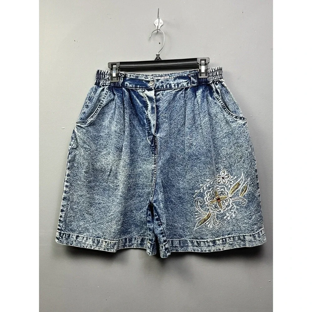 Pretty Bleu Denim Shorts Womens Medium Blue Acid Vintage‎ Embroidered Hi Rise